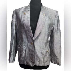 100% Silk Silver Metallic Blazer Cropped Jacket Gold Button Textured Luxe Gala